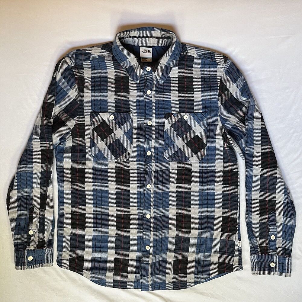 The North Face Mens Valley Twill Flannel Shirt Blue Plaid L Heavyweight Cotton